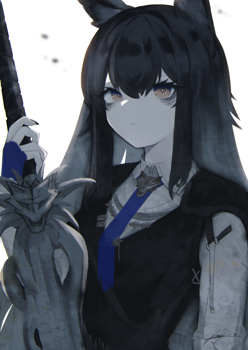 1girl :| absurdres animal_ears arknights bags_under_eyes black_hair black_nails black_vest blue_gloves blue_necktie bright_pupils closed_mouth commentary_request dot_nose expressionless film_grain fingerless_gloves gloves hair_between_eyes highres holding holding_sword holding_weapon long_hair necktie shirt sidelocks simple_background solo sutorobo72 sword texas_(arknights) texas_the_omertosa_(arknights) torn_clothes torn_necktie upper_body vest weapon white_background white_pupils white_shirt wolf_ears wolf_girl yellow_eyes