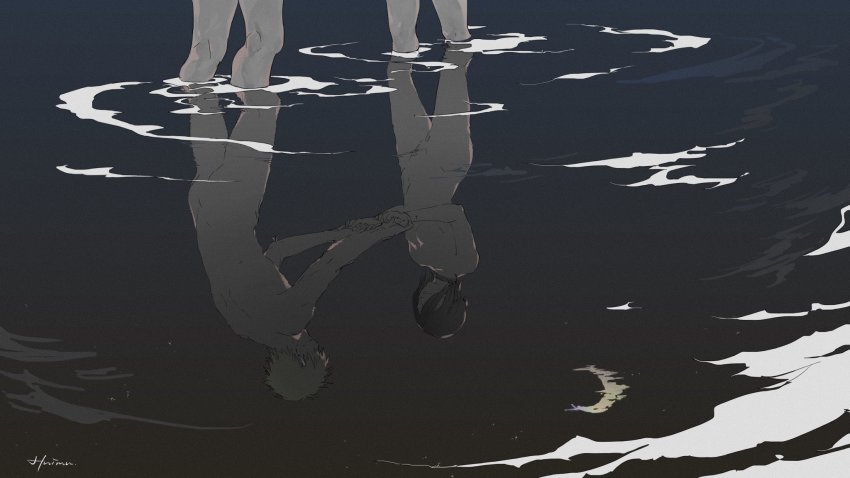 1boy 1girl chainsaw_man crescent_moon denji_(chainsaw_man) holding_hands highres huimuuu moon night night_sky nude reflection reze_(chainsaw_man) signature sky wading water