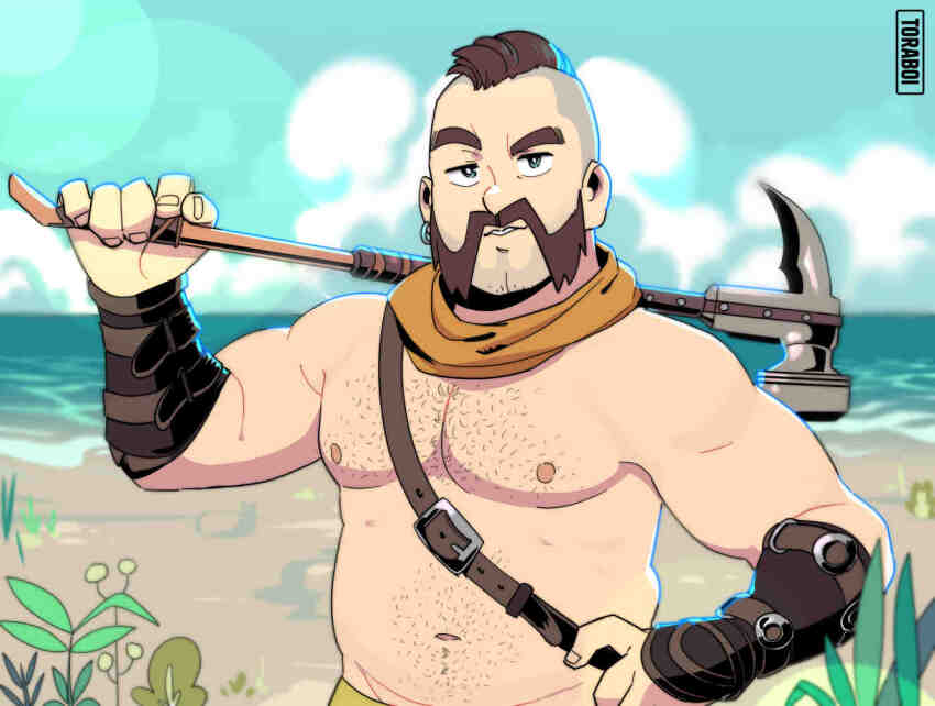 1boy bara beard belly black_hair blue_eyes commission connected_beard cowboy_shot erend facial_hair hairy horizon_(video_game) horizon_forbidden_west large_pectorals looking_at_viewer male_focus mature_male muscular muscular_male mutton_chops navel navel_hair nipples ocean over_shoulder pectorals sideburns solo sparse_chest_hair sparse_navel_hair standing stomach thick_eyebrows topless_male toraboi undercut vambraces water weapon weapon_over_shoulder