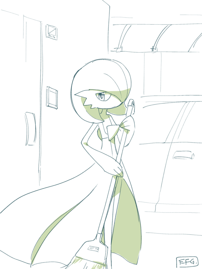 absurdres artist_name bob_cut broom car door dress gardevoir gen_3_pokemon hair_over_one_eye highres hime_takeo holding holding_broom motor_vehicle nintendo pokemon pokemon_(creature) signature sweeping white_dress