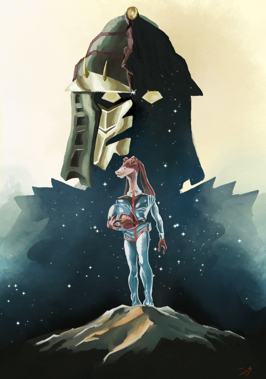 2boys alien amuro_ray amuro_ray_(cosplay) cosplay gundam helmet highres holding holding_unworn_helmet jar-jar_binks mechanization mobile_suit_gundam multiple_boys parody poster_parody pun raiconbruh rugor_nass rx-78-2_gundam signature space spacesuit star_wars star_wars:_the_phantom_menace unworn_headwear unworn_helmet