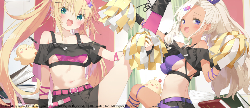&gt;_&lt; 2girls :d albacore_(azur_lane) anger_vein animal archerfish_(azur_lane) asymmetrical_bangs azur_lane baby_animal bare_shoulders belt belt_buckle bird black_footwear black_shirt black_skirt blonde_hair blush book boots breasts buckle chick closed_eyes commentary_request crop_top forehead green_eyes grey_hair hair_between_eyes hair_ornament hair_ribbon hairclip highres kani_biimu lace-up_boots leg_up long_hair manjuu_(azur_lane) medium_breasts multiple_girls navel off-shoulder_shirt off_shoulder official_art open_mouth pink_belt pink_socks pleated_skirt pom_pom_(cheerleading) purple_belt purple_eyes purple_ribbon purple_socks ribbon shirt skirt small_breasts smile socks standing standing_on_one_leg star_(symbol) star_hair_ornament star_in_eye symbol_in_eye tan twintails very_long_hair