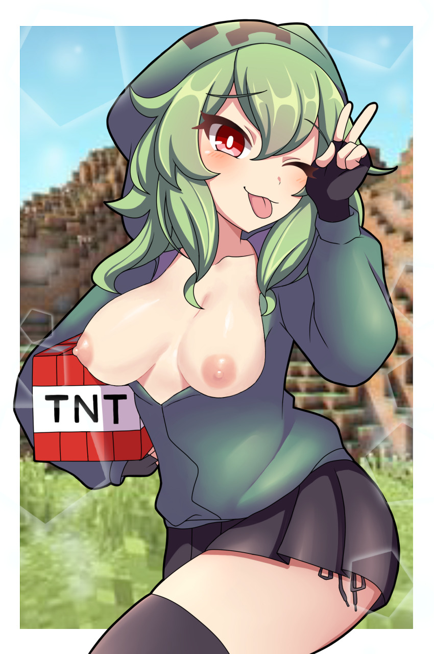 breasts creeper explosive green_hair highres hood hoodie medium_breasts minecraft one_eye_closed red_eyes skirt smile tnt tnt_block_(minecraft) tongue tongue_out