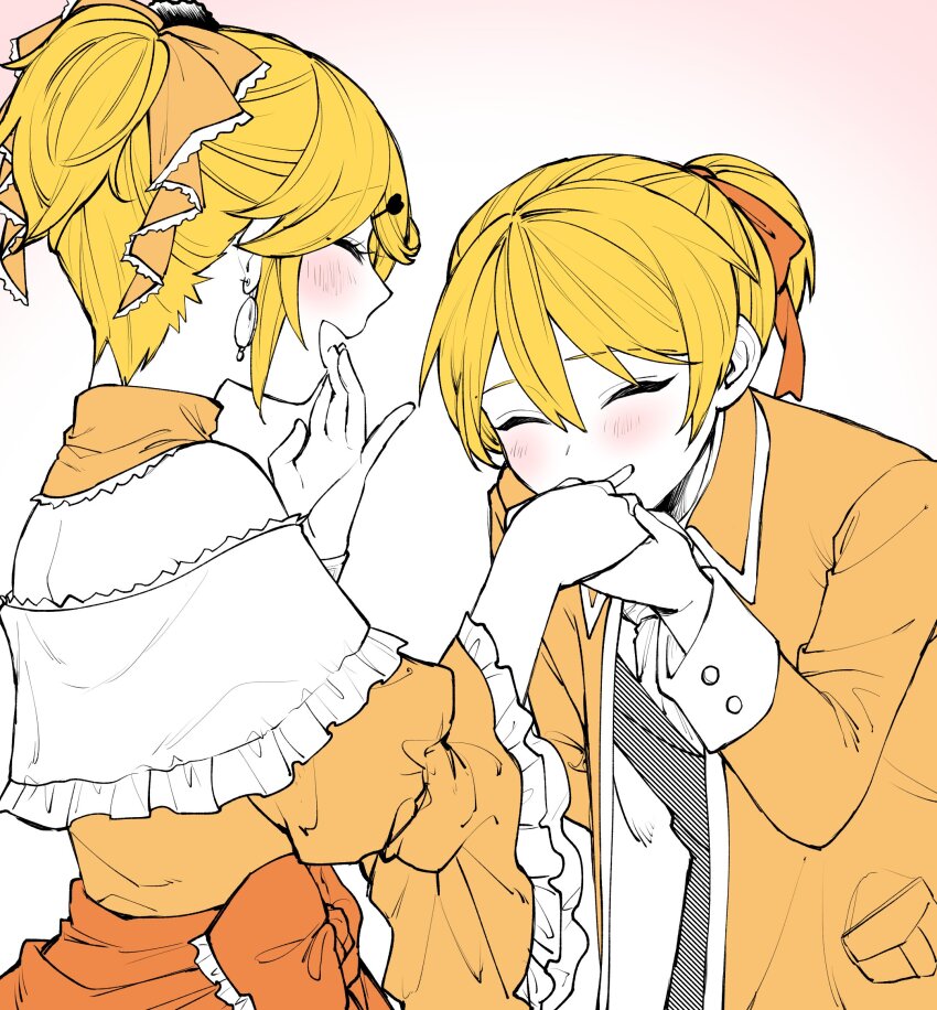 1boy 1girl aku_no_meshitsukai_(vocaloid) aku_no_musume_(vocaloid) allen_avadonia androgynous ascot back bare_shoulders blonde_hair blush bow bowing brother_and_sister choker collared_coat collared_jacket collared_shirt dress earrings embarrassed evillious_nendaiki eyelashes frilled_bow frilled_choker frilled_dress frilled_sleeves frills gradient_background grin hair_between_eyes hair_bow hair_ornament hair_ribbon hairclip hatching_(texture) high_ponytail highres hunched_over igarashi_(morimorienoki) jacket jewelry kagamine_len kagamine_rin kiss kissing_hand laughing limited_palette linear_hatching median_furrow nape off-shoulder_dress off_shoulder ojou-sama_pose orange_bow orange_choker orange_dress orange_ribbon pale_skin pink_background ponytail ribbon riliane_lucifen_d&#039;autriche shirt short_ponytail shoulder_blades siblings sidelocks smile swept_bangs twins updo vest vocaloid waist_bow wide_sleeves
