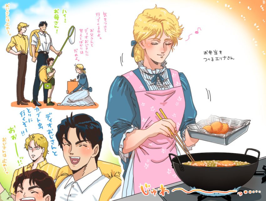 1girl 3boys alternate_universe anachronism apron backpack bag black_hair blonde_hair blue_dress brown_hair chopsticks commentary_request cooking dio_brando dress eighth_note erina_pendleton family father_and_son food george_joestar_ii hand_net holding holding_chopsticks jojo_no_kimyou_na_bouken jonathan_joestar kneeling mother_and_son mugicha_(zoro1132) multiple_boys musical_note phantom_blood pink_apron steam stove translation_request wok wrapped_bento