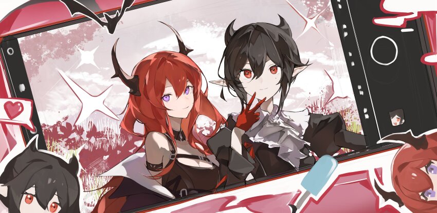 2girls absurdres arknights bare_shoulders black_hair black_horns breasts cellphone chibi closed_mouth entelechia_(arknights) gloves hair_between_eyes hair_horns hashtag-only_commentary heart highres horns linkai long_hair looking_at_viewer medium_breasts mole mole_under_eye multiple_girls phone pointy_ears purple_eyes red_eyes red_gloves red_hair revision short_hair sketch smartphone smile sparkle spoken_heart surtr_(arknights) w