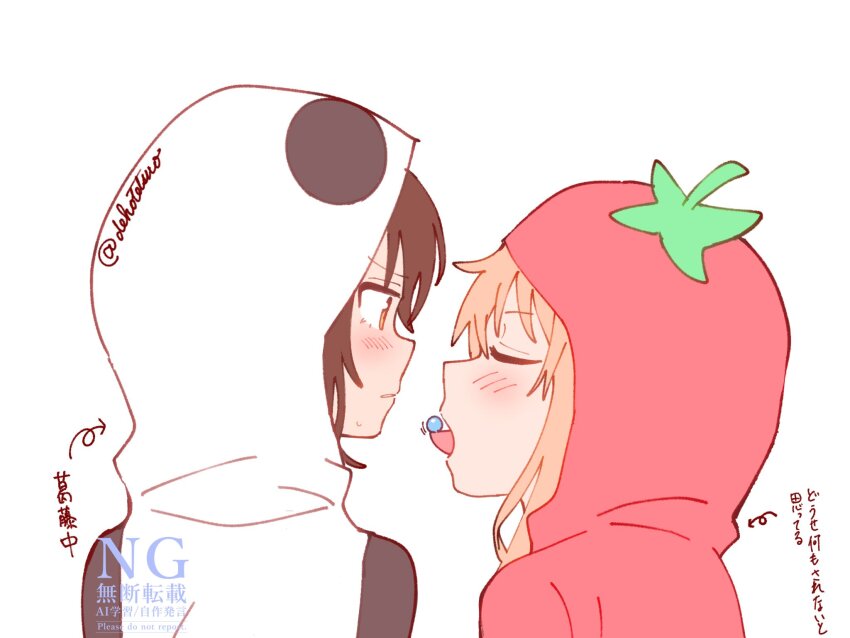 2girls animal_costume animal_hood arrow_(symbol) blonde_hair blush brown_hair closed_eyes commentary_request funami_yui highres hood hood_up long_hair looking_at_another multiple_girls official_alternate_costume orange_eyes panda_costume panda_hood profile sankatetsu_flat short_hair simple_background tomato_costume tongue_hold toshinou_kyouko translation_request u_u upper_body watermark white_background yuri yuruyuri