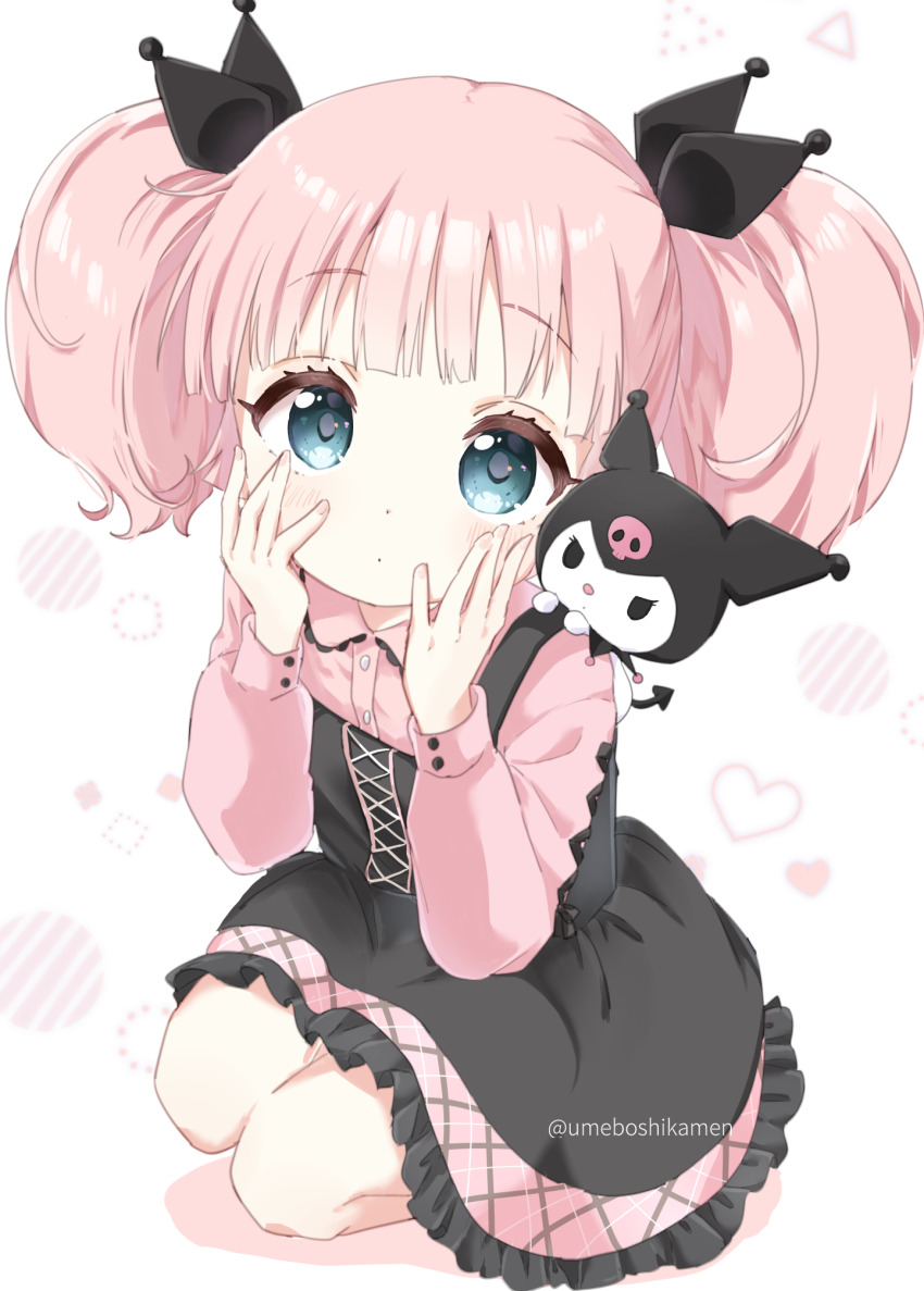 1girl aqua_eyes black_bow black_dress blush bow buttons character_doll closed_mouth collared_shirt commentary cross-laced_clothes cross-laced_dress cross-laced_top doll dress hair_bow hands_on_own_cheeks hands_on_own_face heart highres jirai_kei kuromi looking_at_viewer mearian pinafore_dress pink_dress pink_hair pink_shirt plaid_clothes plaid_dress shirt sleeveless sleeveless_dress solo squatting twintails two-tone_dress white_background yoshikawa_chinatsu yuruyuri