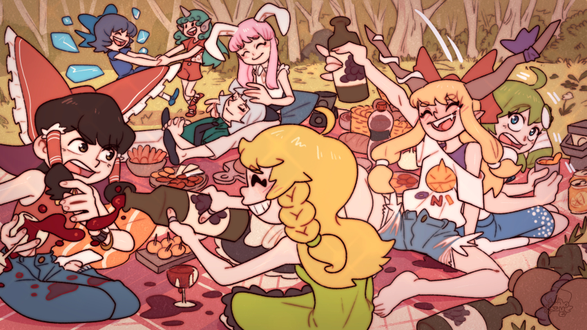 alcohol alternate_costume animal_ears barefoot blanket blush bottle bow braid breasts cirno crossed_legs cup cupping_glass curly_hair dog_ears dog_girl dog_tail dress drink drinking_glass drunk evening_gown feet food foot_focus forest frog_hair_ornament glass grass green_eyes green_hair grin hair_bow hair_ornament hakurei_reimu highres holding holding_cup horns ibuki_suika kariyushi_shirt kirisame_marisa kochiya_sanae komano_aunn konpaku_youmu legs long_hair manganart multiple_girls nature necktie no_shoes oni open_mouth picnic picnic_basket picnic_blanket pouring pouring_onto_self purple_hair rabbit_ears red_shirt red_wine reisen_udongein_inaba sandwich shirt short_hair short_sleeves shorts single_horn sitting skirt sleeping smile snake_hair_ornament soles spill spilling table tail thermos toenails toes touhou wine wine_bottle wine_glass