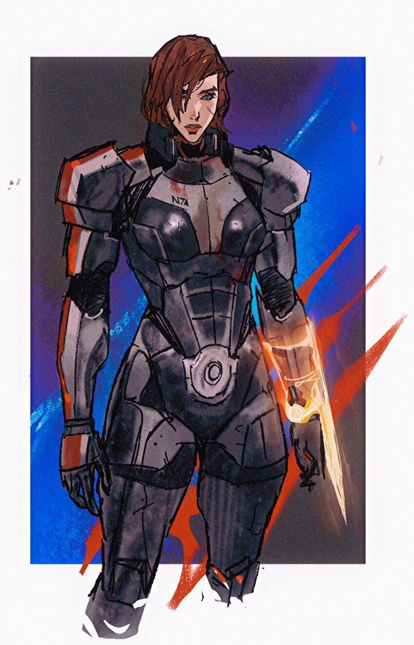 1girl arm_blade armor black_gloves blood_on_armor breasts brown_eyes brown_hair cbb_(tuucoo) commander_shepard commander_shepard_(female) cropped_legs energy_blade gloves highres looking_at_viewer mass_effect_(series) mass_effect_3 medium_breasts n7_armor omni-blade parted_lips power_armor science_fiction short_hair solo weapon white_background
