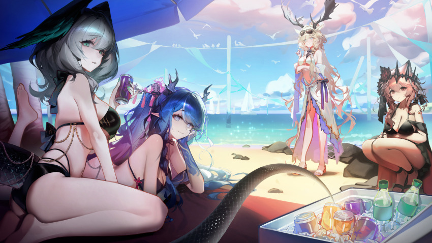4girls absurdres animal_ears antlers arknights barefoot beach beach_mat beach_umbrella bikini black_bikini blonde_hair blue_eyes blue_hair blue_sky bottle breasts brown_eyes brown_hair can cloud cooler dragon_girl drink_can eastern_dragon_horns eyewear_on_head feather_hair feet green_eyes grey_hair highres ho&#039;olheyak_(arknights) holding holding_can horns ice large_breasts ling_(arknights) long_hair looking_at_viewer lying medium_hair moose_antlers moose_ears moose_girl multiple_girls ocean on_stomach outdoors ribiadan sand sky snake_tail soles squatting sunglasses swimsuit tail the_pose umbrella vendela_(arknights) viviana_(arknights) white_bikini