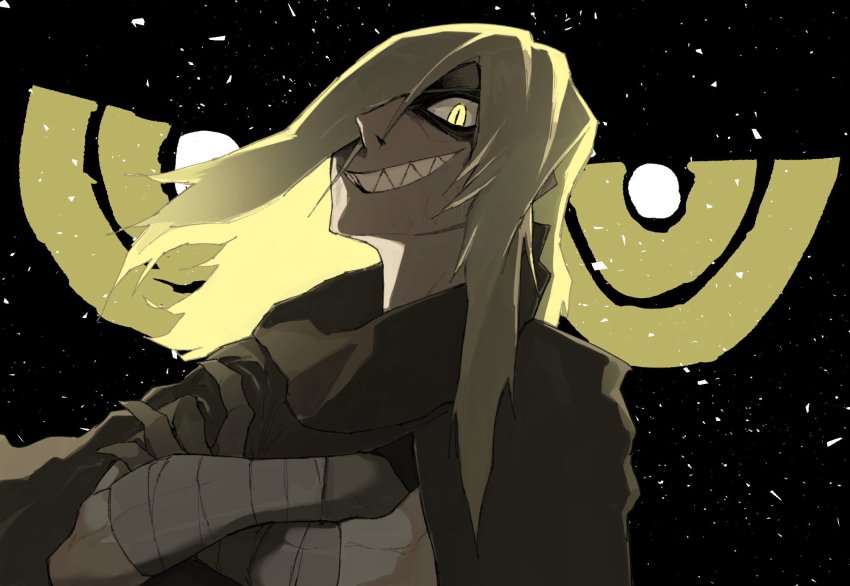 1boy bandages bandaged_arm bandages black_background blonde_hair brown_cloak claws cloak crossed_arms eye_focus grin hair_over_one_eye highres long_hair looking_at_viewer male_focus sharp_teeth slit_pupils smile solo syaber_syaber teeth tengen_toppa_gurren_lagann upper_body viral_(ttgl) yellow_eyes