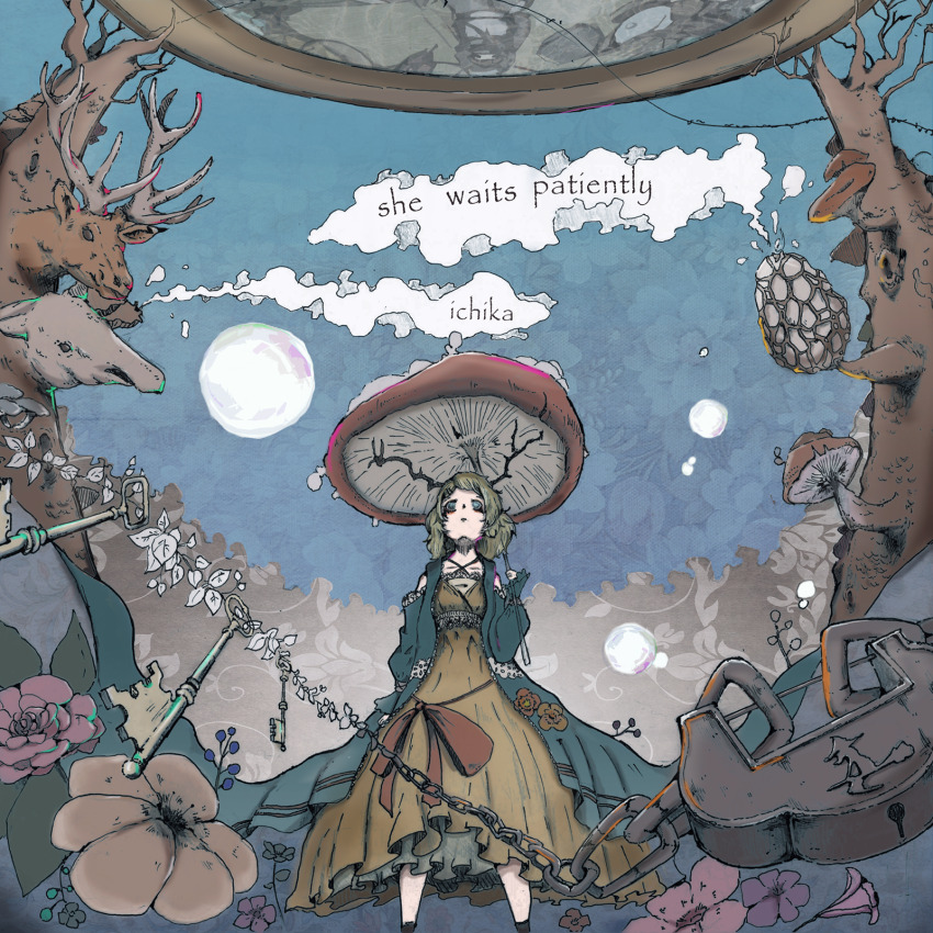 1girl album_cover bare_shoulders bare_tree blonde_hair blue_robe bow breasts chain cloud cover cross-laced_clothes cross-laced_dress deer_head detached_sleeves dress english_text feet_out_of_frame floral_print flower frilled_dress frilled_sleeves frills from_below highres holding holding_mushroom ichika_nito key lace lace-trimmed_sash lace-trimmed_shirt lace_trim leaf long_sleeves looking_up medium_hair mushroom mushroom_umbrella muted_color no_pupils noka_works open_clothes open_robe original outdoors plant red_bow robe shirt small_breasts solo standing tree very_long_robe vines waist_bow white_shirt witch_print yellow_dress