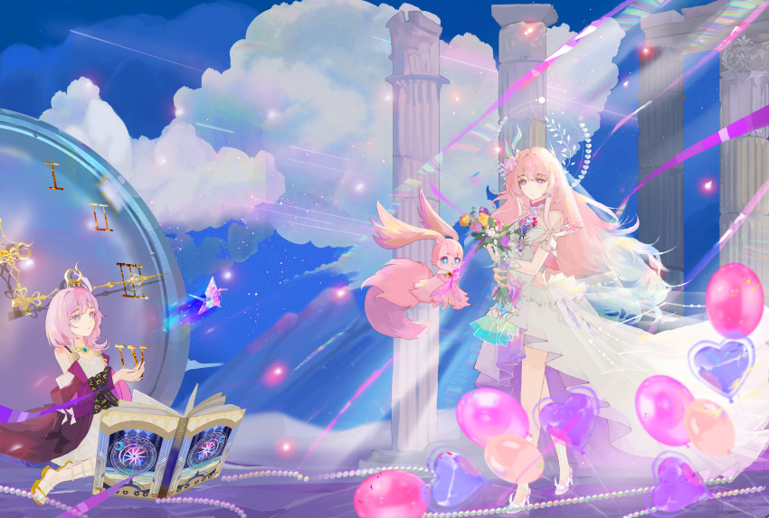2girls absurdres analog_clock aqua_hair as_i&#039;ve_written_(honkai:_star_rail) balloon bare_shoulders blue_eyes blue_sky book bouquet breasts chinese_commentary clock commentary_request cyrene_(aedes_elysiae)_(honkai:_star_rail) cyrene_(honkai:_star_rail) cyrene_(ripples_of_past_reverie)_(honkai:_star_rail) dress dual_persona flower halo heart_balloon high_heels highres holding holding_bouquet honkai:_star_rail honkai_(series) imu_sui_feng_rr_qu jewelry long_hair medium_breasts mem_(honkai:_star_rail) multicolored_hair multiple_girls necklace open_book pink_hair purple_eyes sandals short_hair sky small_breasts stone_pillar two-tone_hair very_long_hair white_dress