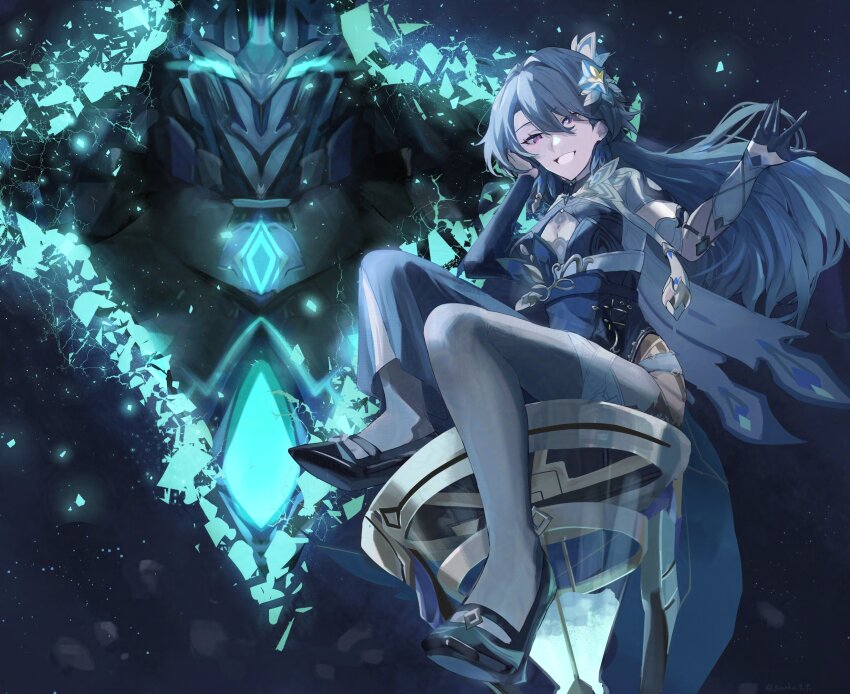 1girl black_bodysuit black_gloves black_thighhighs bodysuit breasts gloves gonnbe_fofo grey_hair half_gloves high_heels highres honkai_(series) honkai_impact_3rd large_breasts long_hair mecha purple_eyes robot single_leg_bodysuit sitting smile solo starjumper_(mecha) thighhighs very_long_hair vita_(honkai_impact) vita_(lone_planetfarer)_(honkai_impact)