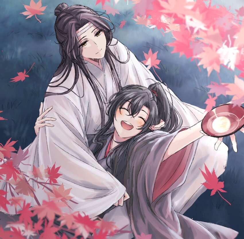 2boys :d ^_^ ahoge alcohol arm_up autumn_leaves black_hair black_hanfu blush chinese_clothes closed_eyes closed_mouth couple cup falling_leaves from_above grass hair_between_eyes hand_in_another&#039;s_hair hanfu headband high_ponytail highres holding holding_another&#039;s_arm holding_cup hug lan_wangji lap_pillow leaf long_hair long_sleeves looking_at_another lying lying_on_person male_focus maple_leaf modao_zushi multiple_boys on_back on_grass open_mouth outdoors outstretched_arm parted_bangs ponytail robe sakazuki semiusa1010 sidelocks sitting smile teeth topknot upper_teeth_only wei_wuxian white_hanfu white_headband wide_sleeves yaoi yellow_eyes