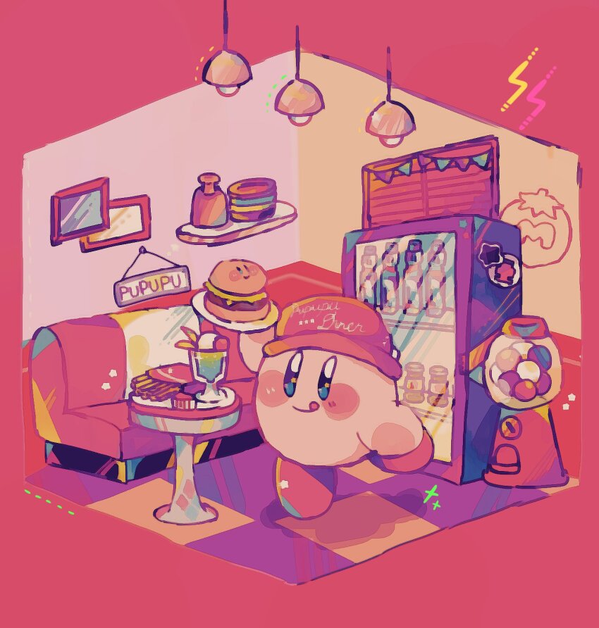:q arm_up baseball_cap blue_eyes blush blush_stickers booth_seating bottle burger closed_mouth commentary cup drinking_glass faux_figurine food french_fries gumball_machine hanging_light hat highres holding holding_plate ice_cream ice_cream_float kirby kirby_(series) kirby_burger looking_at_viewer maxim_tomato nintendo no_(x_xasm) no_humans picture_frame plate red_background red_hat shelf sign simple_background smile solo standing standing_on_one_leg star_(symbol) string_of_flags symbol-only_commentary table tile_floor tiles tongue tongue_out vending_machine window
