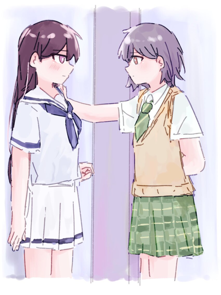 2girls arm_behind_back bang_dream! bang_dream!_it&#039;s_mygo!!!!! blue_neckerchief blue_shirt brown_eyes brown_hair brown_sweater_vest chinese_commentary closed_mouth commentary_request diagonal-striped_clothes diagonal-striped_necktie green_necktie green_skirt grey_hair highres kabedon keyun long_hair multiple_girls neckerchief necktie plaid_clothes plaid_skirt pleated_skirt purple_eyes shiina_taki shirt short_hair short_sleeves skirt striped_clothes sweater_vest takamatsu_tomori white_shirt white_skirt yuri