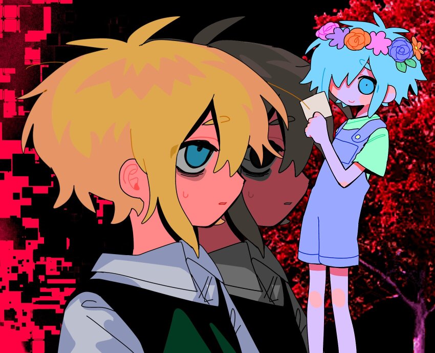 2boys antenna_hair basil_(faraway)_(omori) basil_(headspace)_(omori) basil_(omori) blonde_hair blue_eyes blue_overalls closed_mouth collared_shirt dual_persona flower green_shirt green_sweater_vest hair_over_one_eye head_wreath highres kobanzame_omo male_focus multiple_boys omori overall_shorts overalls parted_lips shirt short_hair sweatdrop sweater_vest t-shirt white_shirt
