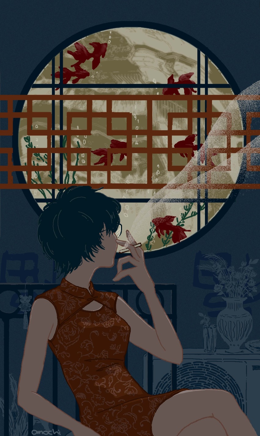 1girl absurdres air_conditioner black_hair china_dress chinese_clothes cigarette dress fish fish_tank flower glasses goldfish highres holding holding_cigarette kinakomochinoumasataruya kowloon_generic_romance kujirai_reiko red_dress sitting smoking solo vase