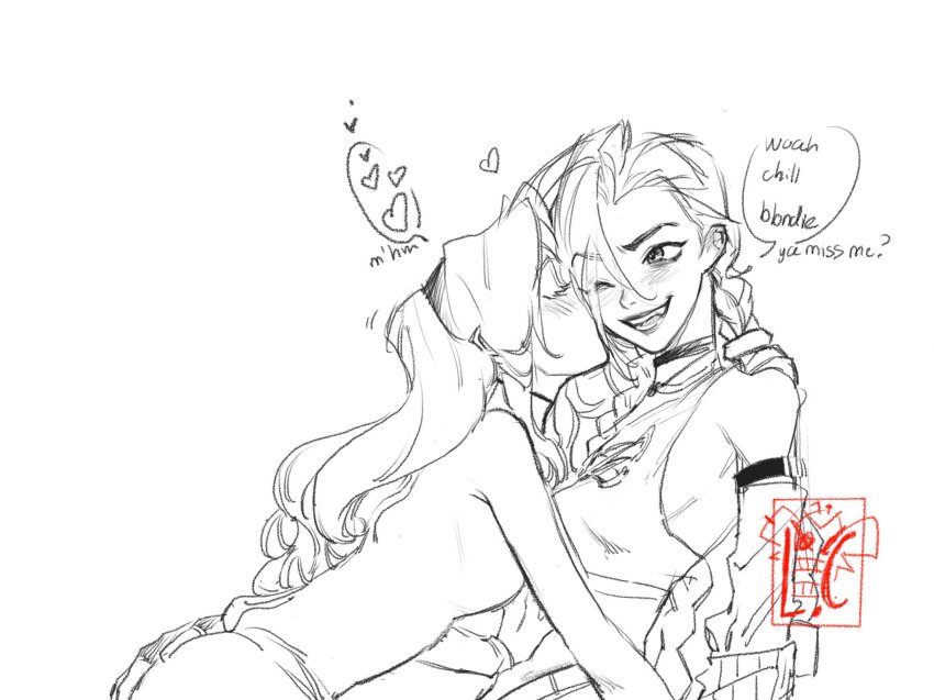2girls blush braid breasts commentary english_commentary english_text greyscale hairband hand_on_another&#039;s_ass highres jinx_(league_of_legends) kiss kissing_cheek lam_chinh league_of_legends long_hair lux_(league_of_legends) monochrome multiple_girls one_eye_closed open_mouth small_breasts twin_braids yuri