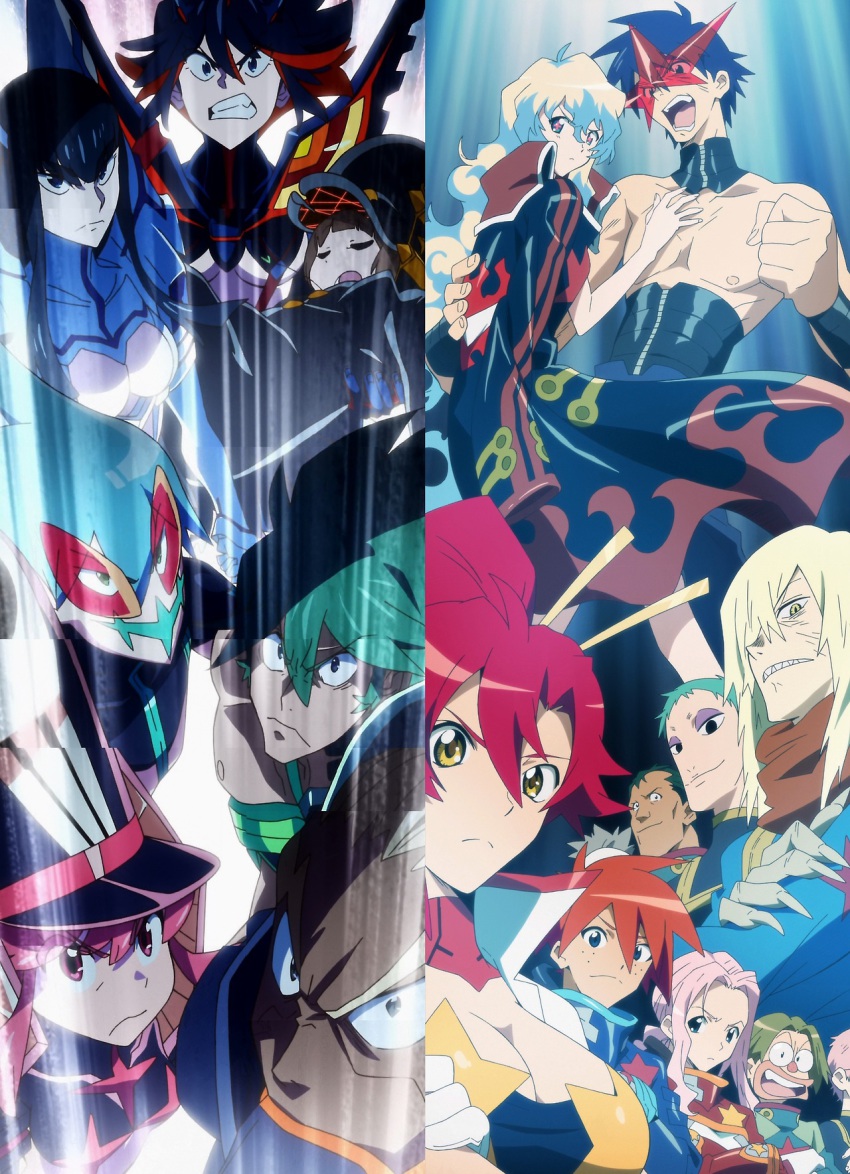 +_+ 00s 10s 6+boys 6+girls anime_screenshot aqua_hair attenborough_cortitch banchou black_hair blonde_hair blue_eyes blue_hair blush breasts brown_eyes brown_hair cleavage comparison creator_connection cybela_kuto darry_adai dayakka delinquent epic gabal_docker gamagoori_ira gimmy_adai glasses green_hair hat highres hiyama_nobuyuki inumuta_houka jakuzure_nonon junketsu kill_la_kill kiryuuin_satsuki leeron_littner long_hair mankanshoku_mako matoi_ryuuko multicolored_hair multiple_boys multiple_girls neck_brace nia_teppelin open_mouth pink_eyes pink_hair ponytail red_hair revealing_clothes sadamoto_yoshiyuki sanageyama_uzu school_uniform senketsu shako_cap sharp_teeth short_hair sidelocks simon_(ttgl) smile spoilers stitched suspenders symbol-shaped_pupils teeth tengen_toppa_gurren_lagann third-party_edit two-tone_hair viral_(ttgl) voice_actor_connection yellow_eyes yoko_littner