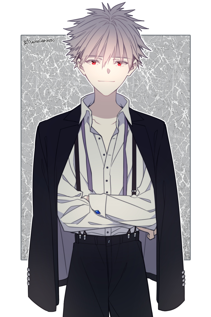 1boy arm_out_of_sleeve black_jacket black_pants closed_mouth collarbone collared_shirt commentary_request crossed_arms dress_shirt grey_hair hair_between_eyes highres jacket jacket_on_shoulders long_sleeves looking_at_viewer male_focus mushi_kei nagisa_kaworu neon_genesis_evangelion open_collar pants popped_collar red_eyes shirt sleeve_cuffs smile solo standing suspenders twitter_username two-sided_fabric two-sided_jacket wing_collar