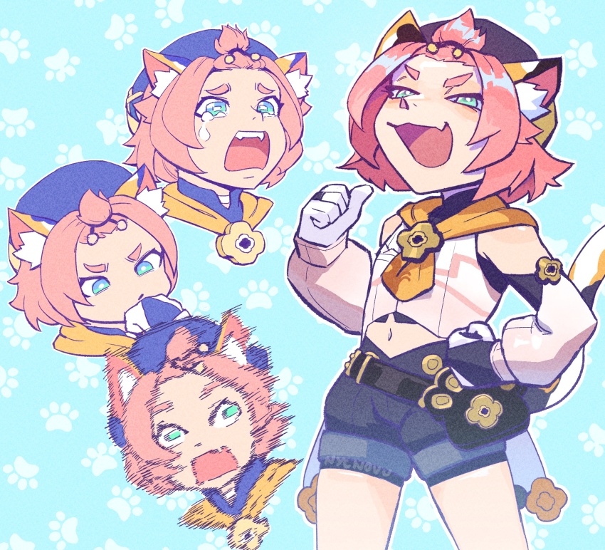 1girl :/ animal_ear_fluff animal_ears beret blue_background blue_eyes blue_shorts blush cat_ears cat_girl cat_tail child closed_mouth commentary crying crying_with_eyes_open detached_sleeves diona_(genshin_impact) fang front_ponytail genshin_impact hand_on_own_hip hat highres long_sleeves midriff motion_blur multicolored_tail multiple_views navel nycnouu open_mouth orange_scarf paw_print paw_print_background pink_hair puffy_shorts scarf short_hair short_shorts shorts skin_fang tail tears thumbs_up