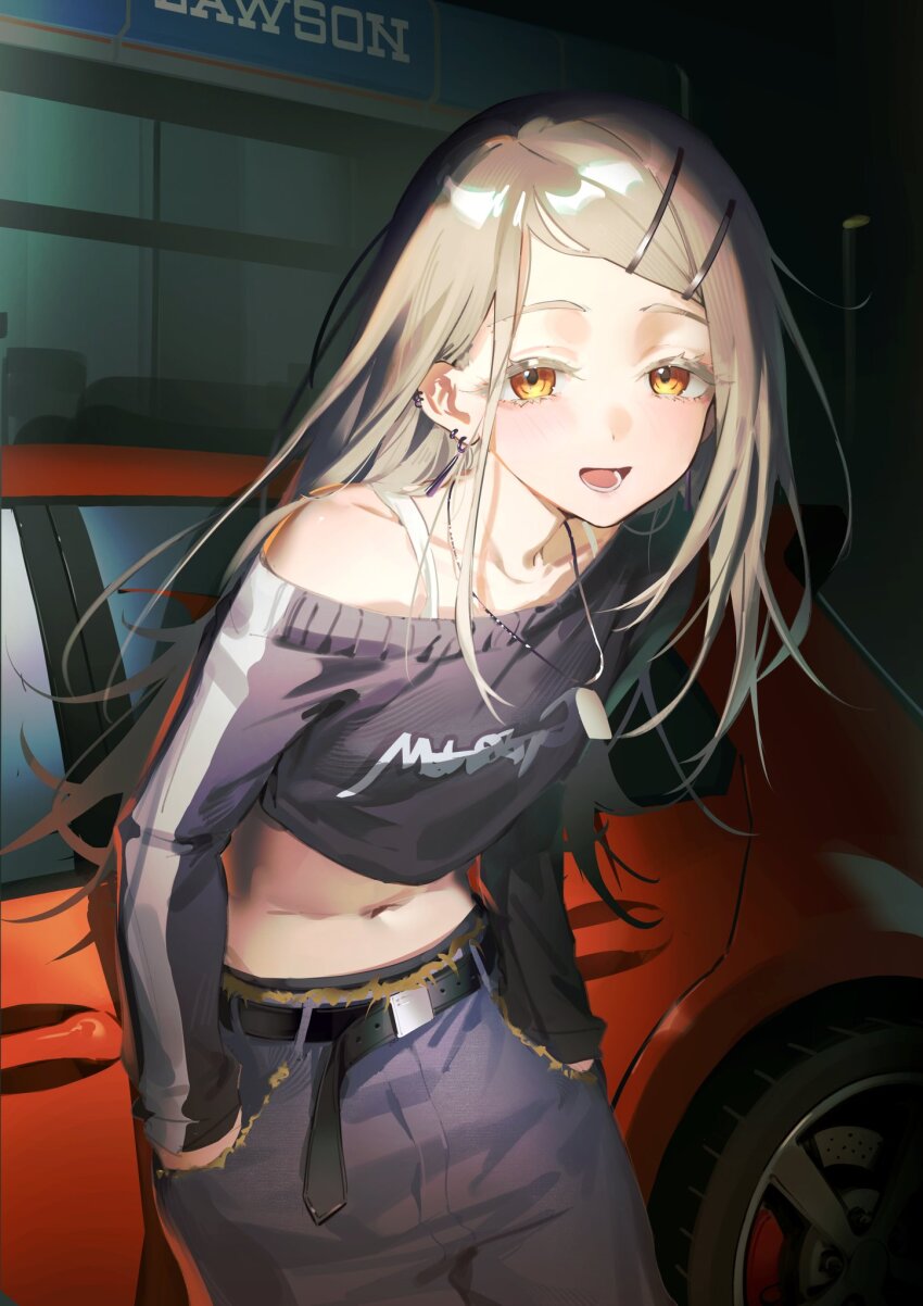 1girl andon_(lighting) belt belt_buckle black_sweater blonde_hair blush buckle car colored_eyelashes denim earrings gakuen_idolmaster hair_ornament hairclip hands_in_pockets highres idolmaster jeans jewelry kitk_qun lawson long_hair looking_at_viewer motor_vehicle navel on_car open_mouth orange_eyes pants red_car shinosawa_hiro solo sweater