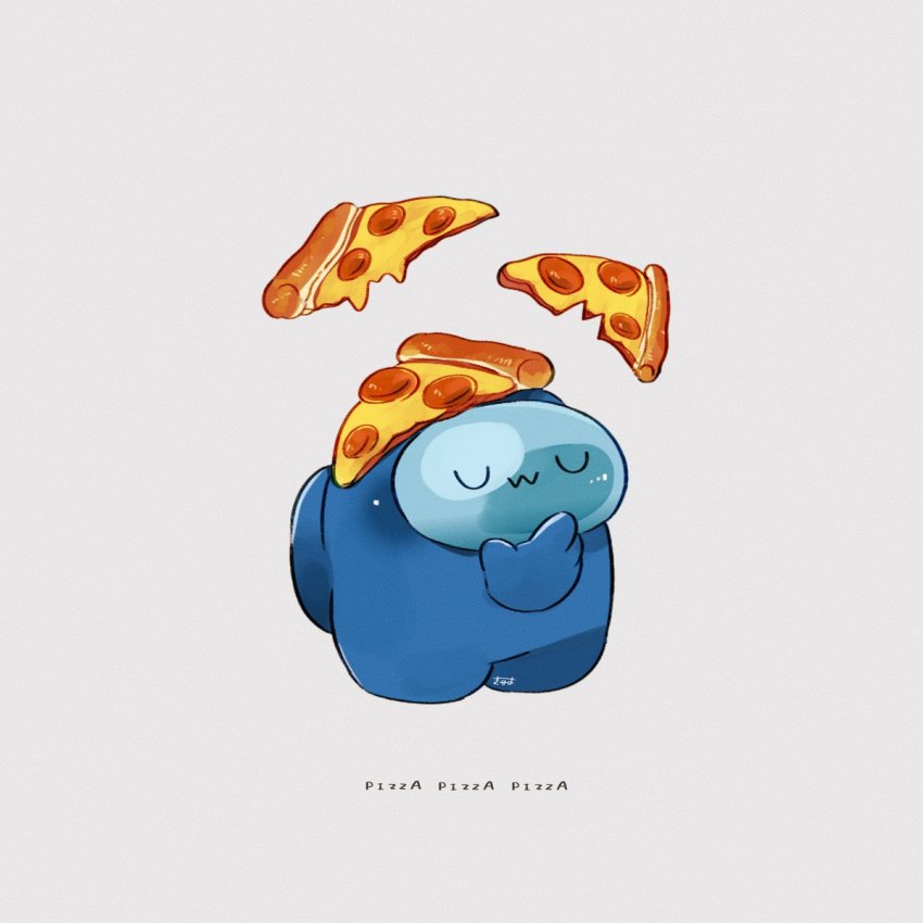 1other :3 among_us artist_name blue_(among_us) commentary crewmate_(among_us) english_text floating floating_object food food_on_head grey_background highres no_humans object_on_head pepperoni pepperoni_pizza pizza pizza_slice signature simple_background solo standing symbol-only_commentary tenmiyakiyo thinking uwu