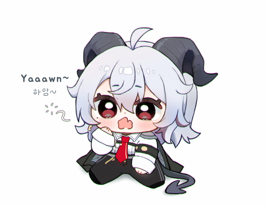 1girl ahoge armband black_armband black_horns black_jacket black_pants black_tail chest_harness chibi chibi_only commentary curled_horns demon_tail english_text grey_hair hair_between_eyes hand_up harness horns hue_oo jacket jacket_on_shoulders long_hair looking_at_viewer necktie open_mouth pants red_eyes red_necktie shirt simple_background sitting solo symbol-only_commentary tail white_background white_shirt wuthering_waves yawning zani_(wuthering_waves)
