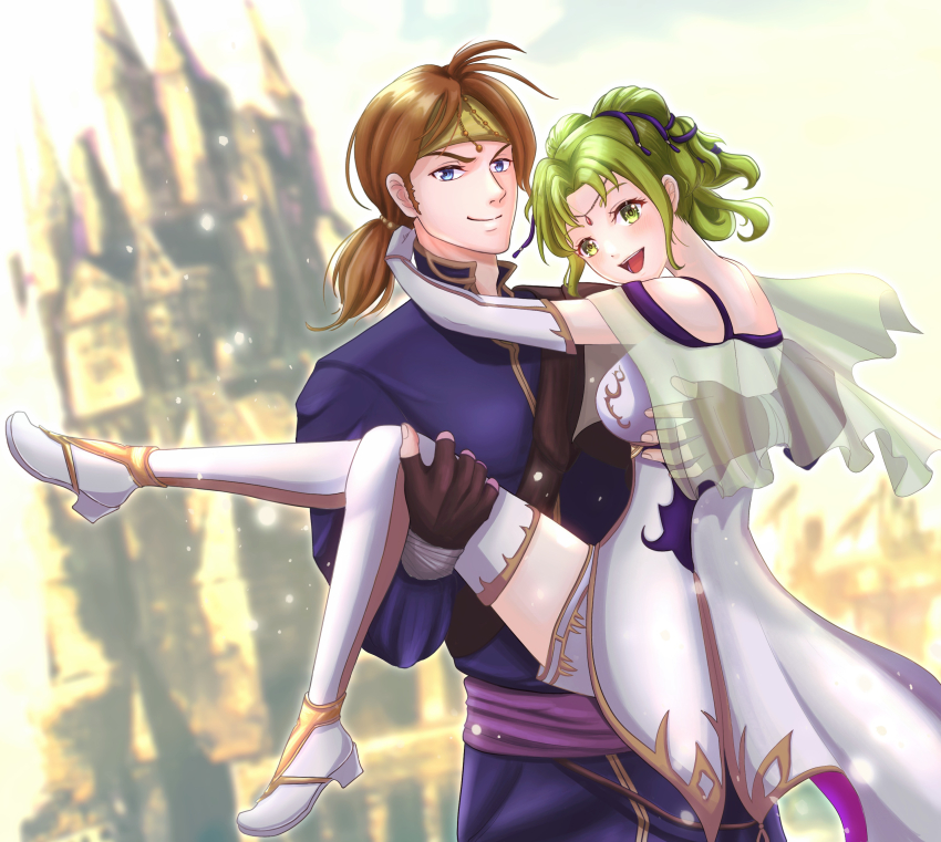 1girl :d absurdres black_gloves blue_eyes blurry blurry_background breasts cape carrying castle circlet day dress elbow_gloves fingerless_gloves fire_emblem gloves green_eyes green_hair hair_ribbon headband highres kousetu0506 l&#039;arachel_(fire_emblem) long_hair medium_breasts nintendo open_mouth outdoors princess_carry rennac_(fire_emblem) ribbon see-through_cape sideburns smile white_dress white_gloves yellow_headband