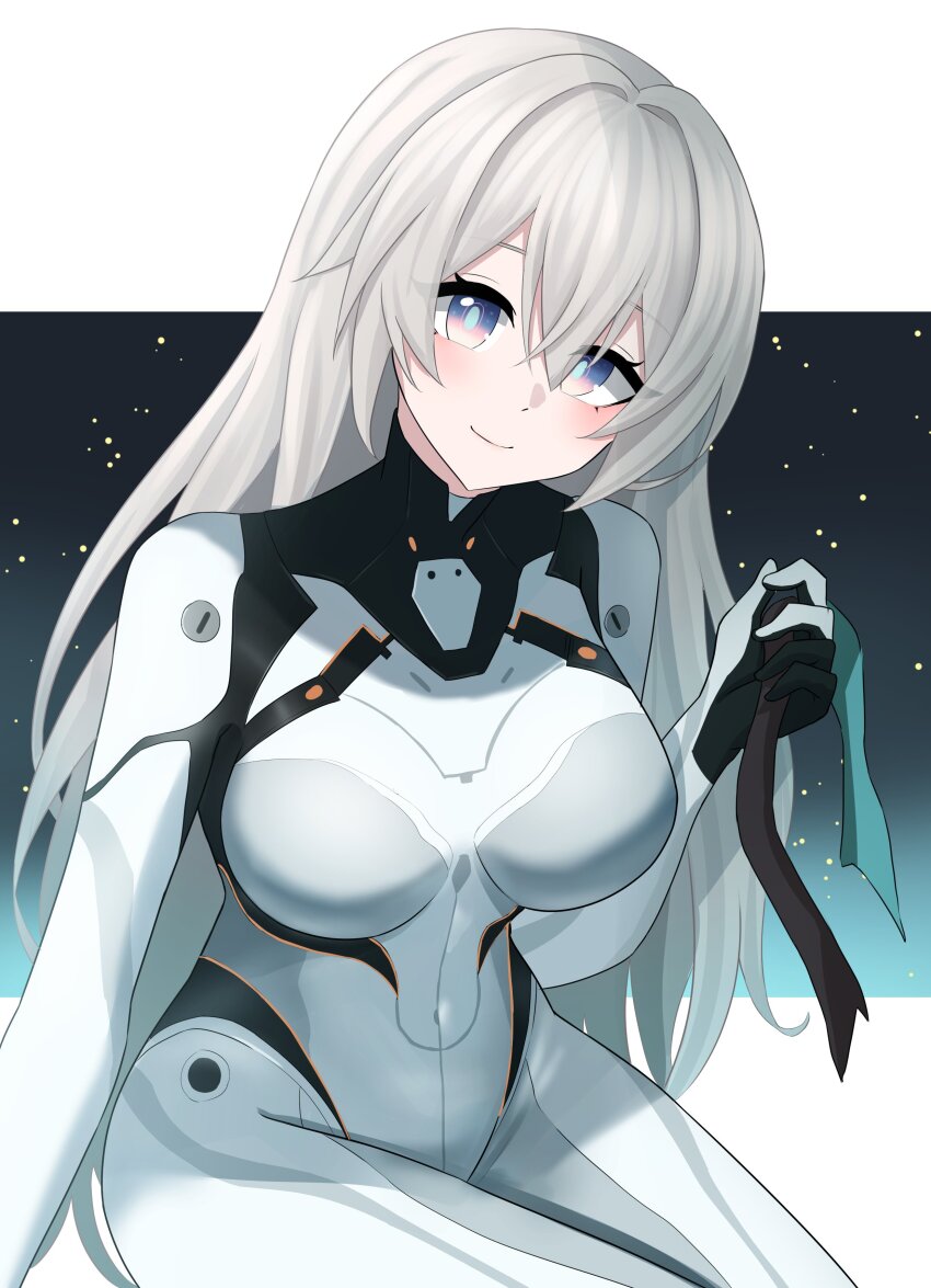 absurdres black_hairband blush bodysuit breasts closed_mouth firefly_(ar-26710)_(honkai:_star_rail) firefly_(honkai:_star_rail) formal_clothes gradient_eyes green_pupils grey_hair hair_between_eyes hair_intakes hairband highres hivern holding_hairband honkai:_star_rail honkai_(series) large_breasts long_hair mecha_pilot_suit multicolored_eyes official_alternate_costume smile star_(sky) starry_sky_background suit two-tone_eyes white_bodysuit white_suit