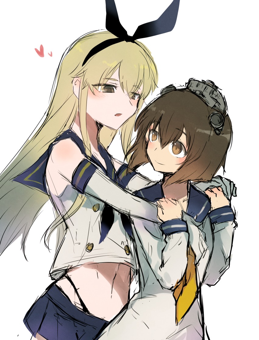 2girls agtt25333 black_panties blonde_hair blush brown_eyes brown_hair closed_mouth collarbone crop_top dress elbow_gloves gloves grey_eyes hair_between_eyes hairband headgear headset heart highleg highleg_panties highres holding_hands hug kantai_collection long_hair long_sleeves looking_at_another microskirt multiple_girls neckerchief panties sailor_collar sailor_dress school_uniform serafuku shimakaze_(kancolle) short_hair simple_background skirt sleeveless smile speaking_tube_headset thong underwear upper_body white_background white_gloves yellow_eyes yellow_neckerchief yukikaze_(kancolle)