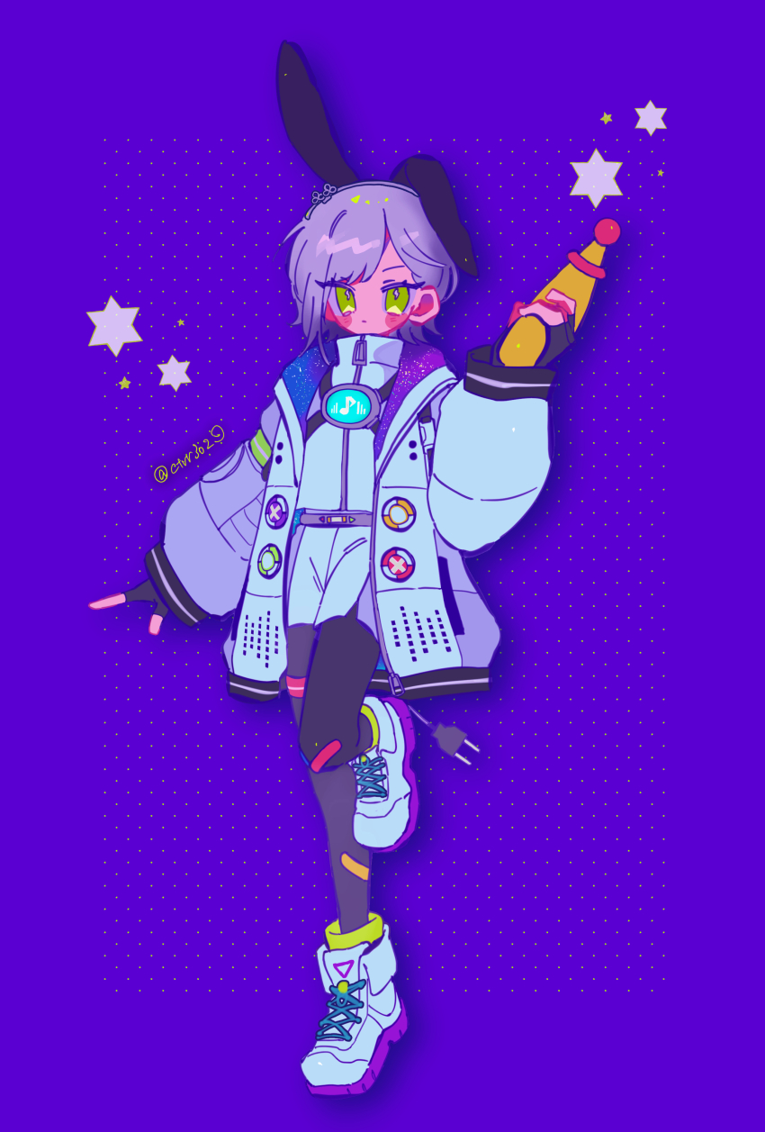 absurdres animal_ears belt chest_harness cosmic_rhythm_shooter_(project_sekai) electric_plug gloves green_eyes grey_hair harness highres hinomori_shiho holding_toy_gun jacket official_alternate_costume open_clothes open_jacket oversized_clothes oversized_jacket pantyhose partially_fingerless_gloves project_sekai purple_background rabbit_ears shoes short_hair shorts sneakers standing standing_on_one_leg toy_gun user_vfyc2738 zipper