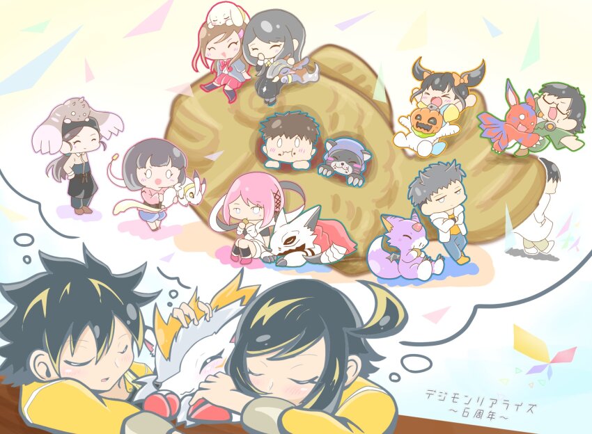 bakumon bearmon closed_eyes digicore_interface digimon digimon_rearise dorumon dreaming elecmon fangs female_protagonist_(digimon_rearise) food futami_eiji hackmon_(digimon) herissmon highres hiiragi_takumi kohinata_mayu kudamon_(digimon_savers) long_hair lopmon male_protagonist_(digimon_rearise) mon_(digimon_rearise) natsuyagi_kazuma plotmon pumpmon shinjo_michi shinkai_sara short_hair sleeping tail tamada_keito tamada_nozomi tsukimori_chihiro