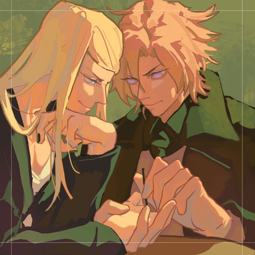 2boys black_coat blonde_hair blue_eyes coat daybit_sem_void fate/grand_order fate_(series) highres hungrycookies1 long_hair multiple_boys purple_eyes tezcatlipoca_(fate)