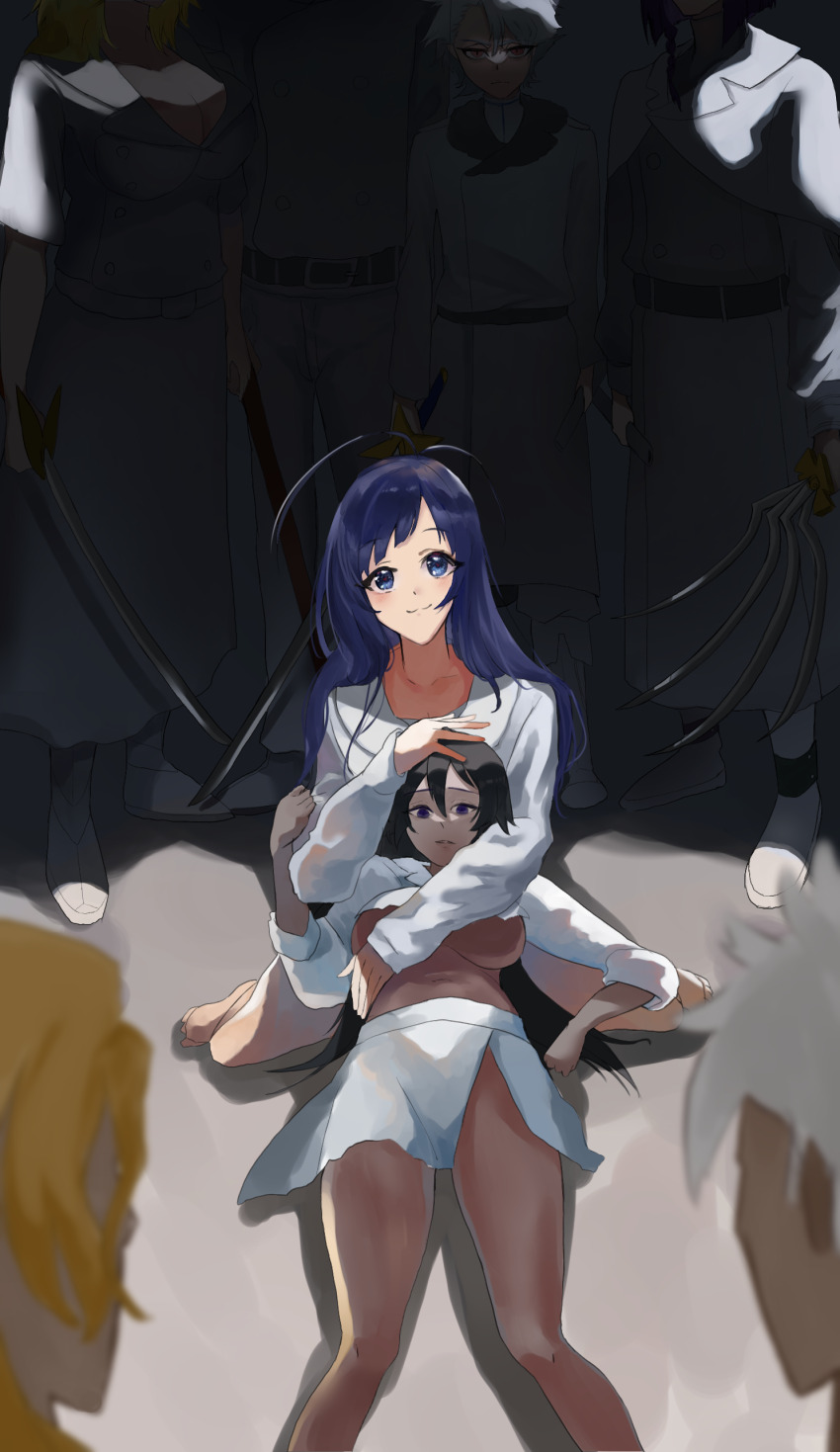 2girls 5boys :3 absurdres antenna_hair ayasegawa_yumichika bambietta_basterbine black_hair bleach bleach:_sennen_kessen-hen blonde_hair blunt_bangs blurry blush_stickers breasts closed_mouth commentary curvy dark-skinned_female dark-skinned_male dark_skin depth_of_field expressionless feet_out_of_frame giselle_gewelle grabbing_another&#039;s_arm grey_hair happy harutoman headpat highres hip_vent hitsugaya_toushirou holding holding_sword holding_weapon hug hug_from_behind jacket katana kneeling large_breasts long_hair long_sleeves looking_at_viewer lying matsumoto_rangiku miniskirt muguruma_kensei multiple_boys multiple_girls on_back ootoribashi_roujuurou parted_lips purple_eyes red_eyes shirt short_hair skirt sleeves_past_wrists smile solo_focus split_mouth standing straight_hair sword tareme thighs torn_clothes torn_shirt trap underboob weapon white_hair white_jacket white_shirt white_skirt zombie