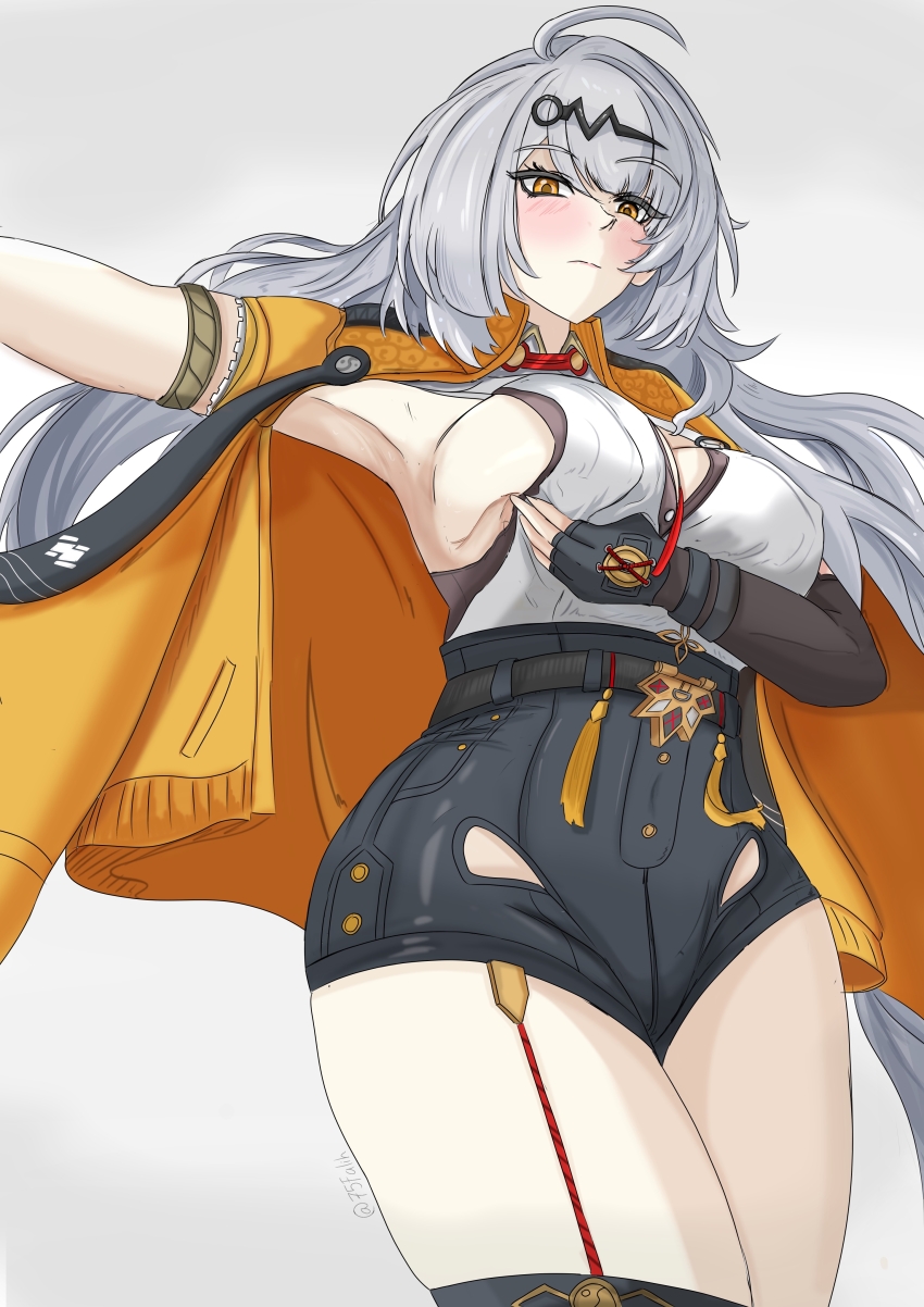 1girl absurdres ahoge armpits black_shorts blush breasts commentary english_commentary falihfadh75 garter_straps grabbing_own_breast grey_background hair_ornament high-waist_shorts highres jacket large_breasts long_hair shirt shorts sideboob simple_background solo thighs white_hair white_shirt yellow_jacket yi_xuan_(zenless_zone_zero) zenless_zone_zero