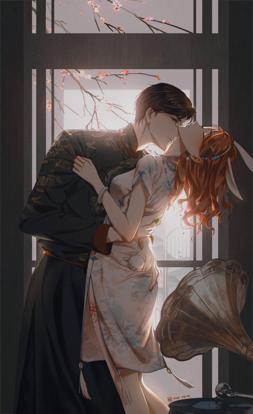 1boy 1girl absurdres animal_ears bead_necklace beads black-framed_eyewear black_hanfu bracelet branch brown_hair changpao cherry_blossoms china_dress chinese_clothes closed_eyes cloud dress feet_out_of_frame flower glasses hair_beads hair_ornament hairband hairclip hand_on_another&#039;s_ass hanfu hetero highres jewelry kiss kissing_neck leaning_back leaning_forward light_and_night_love light_blush long_hair long_sleeves lu_chen necklace orange_hair phonograph pink_flower pointy_nose protagonist_(light_and_night_love) rabbit_ears rabbit_girl rabbit_tail round_eyewear short_hair short_sleeves signature situ&#039;erte_tiezhu standing tail wavy_hair white_dress white_hairband window