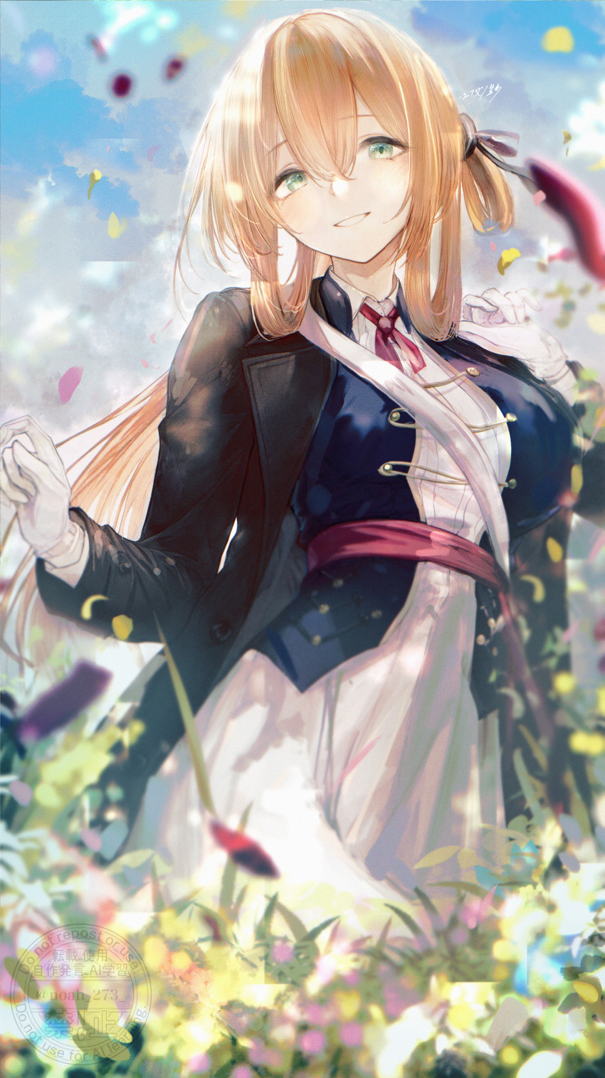 1girl absurdres black_jacket blue_sky blurry brown_hair cloud cloudy_sky commentary_request day depth_of_field dress falling_petals girls&#039;_frontline girls&#039;_frontline_2:_exilium gloves green_eyes hair_between_eyes highres jacket leather leather_jacket long_hair long_sleeves looking_at_viewer neck_ribbon petals red_ribbon renoahh ribbon shoulder_strap sky smile solo springfield_(girls&#039;_frontline) springfield_(girls&#039;_frontline_2) white_dress white_gloves
