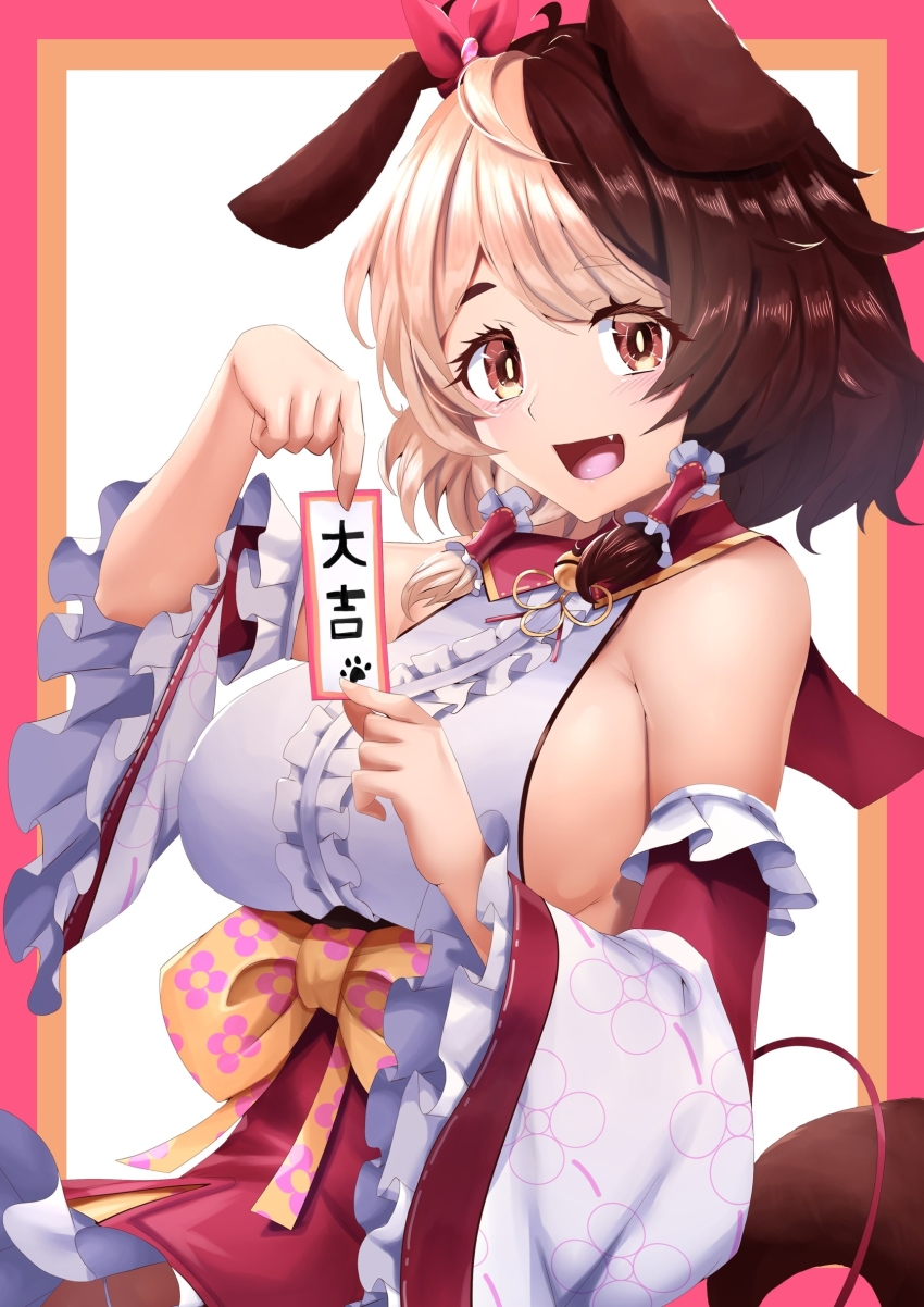 1girl absurdres animal_ears black_hair blonde_hair border breasts brown_eyes commentary_request curecycadura detached_sleeves dog_ears fang hachiko_of_castling hair_tubes highres large_breasts last_origin looking_at_viewer multicolored_hair ofuda open_mouth red_border sideboob smile solo two-tone_hair upper_body white_background wide_sleeves