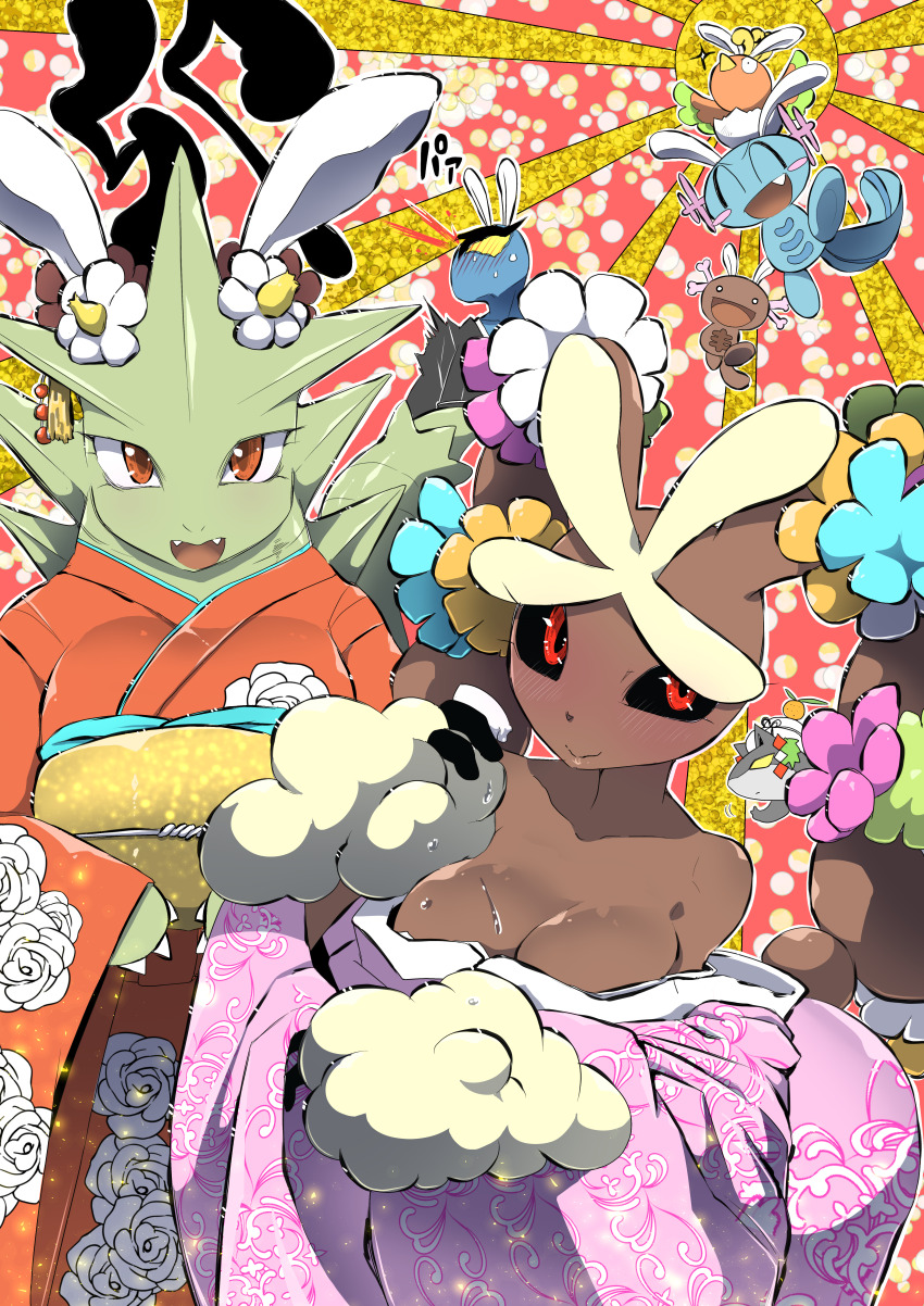1boy 2girls ^_^ absurdres alternate_color alternate_shiny_pokemon animal_hands animal_nose bare_shoulders bird black_eyes black_sclera blank_eyes blood blue_flower blue_skin blush blush_stickers body_fur breasts brown_fur chinese_zodiac claws cleavage closed_eyes closed_mouth collarbone colored_sclera colored_skin constricted_pupils ear_ornament fang floral_print flower food food_on_head fruit furry furry_female gen_2_pokemon gen_4_pokemon gen_5_pokemon green_flower green_skin hand_up happy hatching highres ho-oh japanese_clothes japanese_text kagami_mochi kimono kiwa_(pokemonwars) large_breasts legendary_pokemon long_sleeves looking_at_viewer lopunny mandarin_orange mature_female mega_lopunny mega_pokemon mochi multiple_girls nintendo nose_blush nosebleed obi object_on_head off-shoulder_kimono off_shoulder open_mouth orange_eyes orange_kimono outline paldean_wooper personification pink_flower pink_kimono pokemon pokemon_(creature) quilava rabbit_ears rabbit_girl red_eyes sash sawk smile split_mouth straight-on sunburst sunburst_background sweat tail textless_version translation_request two-tone_fur tyranitar v-shaped_eyebrows white_eyes white_flower white_outline wide_sleeves wooper year_of_the_rabbit yellow_eyes yellow_flower yellow_fur
