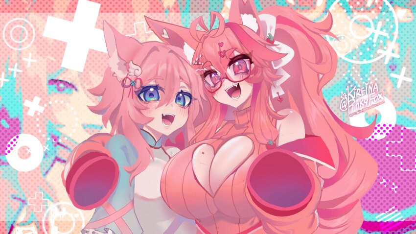 2girls alicia_cotton animal_ear_fluff animal_ears ao_dai bare_shoulders blue_background blue_eyes blush breasts cat_girl clothing_cutout commentary cowboy_shot fang hair_between_eyes hair_ornament hands_on_another&#039;s_arm heart_cutout highres huge_breasts indie_virtual_youtuber kireina_(osiimi) long_hair long_sleeves multiple_girls open_mouth osiimi pink_background pink_hair pink_nails pink_sweater pink_theme pink_thighhighs ponytail purple_eyes short_hair short_ponytail simple_background skin_fang sleeves_past_wrists smile solo sweater thighhighs trait_connection twintails upper_body very_long_hair virtual_youtuber white_background wing_hair_ornament zoom_layer