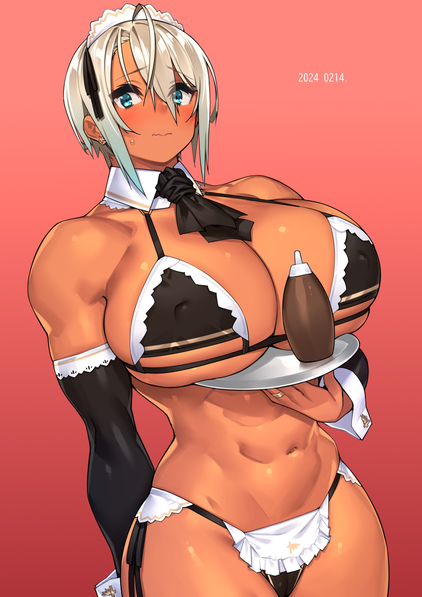 1girl 2024 23_(real_xxiii) abs absurdres bikini blue_eyes bottle breast_rest breasts breasts_on_tray carried_breast_rest carrying chocolate choker cleavage covered_erect_nipples cross cross_choker dark-skinned_female dark_skin dated detached_collar detached_sleeves earrings embarrassed female_focus highres holding holding_tray huge_breasts jewelry looking_at_viewer maid maid_bikini maid_headdress muscular muscular_female obliques original pink_background ring sela_(23) short_hair side-tie_bikini_bottom solo swimsuit toned tray unconventional_maid underboob valentine wedding_ring white_hair wrist_cuffs