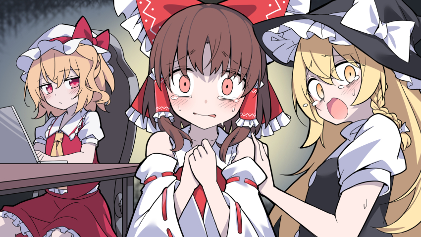 3girls ascot blonde_hair bow braid brown_hair computer crying desk detached_sleeves e.o. flandre_scarlet frilled_bow frilled_hair_tubes frills hair_bow hair_tubes hakurei_reimu hand_on_another&#039;s_shoulder hat hat_bow hat_ribbon highres horrified kirisame_marisa laptop long_hair mob_cap multiple_girls nervous_sweating open_mouth own_hands_together puffy_short_sleeves puffy_sleeves red_bow red_eyes red_skirt red_vest ribbon ribbon-trimmed_sleeves ribbon_trim scared short_sleeves side_braid single_braid sitting skirt skirt_set sweat tearing_up touhou trembling vest white_bow white_hat wide-eyed witch_hat yellow_ascot yellow_eyes