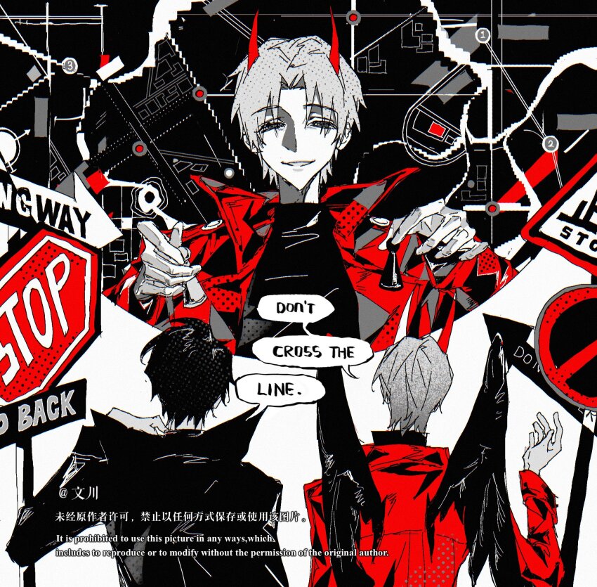 2boys abstract black_coat black_eyes black_hair black_shirt black_wings cheon_inho chess_piece coat commentary dual_persona english_commentary english_text feathered_wings grey_hair grin halftone hand_up head_tilt highres holding holding_chess_piece limited_palette looking_at_viewer male_focus multiple_boys multiple_views nicayuko omniscient_reader&#039;s_viewpoint open_clothes open_coat popped_collar reaching reaching_towards_another red_coat road_sign shirt sign smile speech_bubble stop_sign upper_body wings yoo_joonghyuk