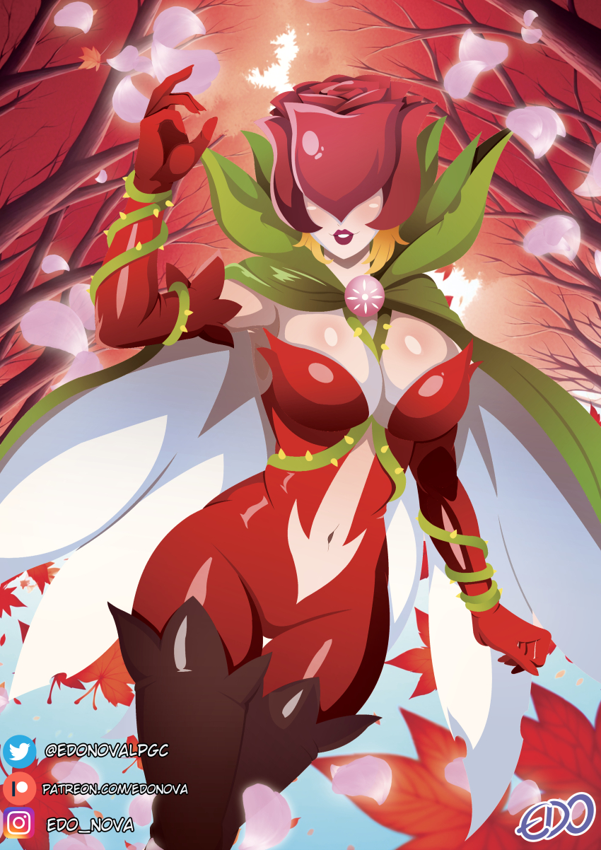 1girl absurdres artist_logo artist_name autumn blonde_hair bodysuit boots breasts cape chest_jewel cleavage curvy day digimon digimon_adventure:_(2020) digimon_adventure_tri. digimon_savers edo_nova falling_leaves falling_petals forest gloves green_cape highres instagram_username jewelry large_breasts leaf leg_up lips lipstick logo low_neckline makeup mask mask_on_head midriff nature navel patreon_username petals red_bodysuit red_gloves rosemon shiny_clothes sleeveless smile thick_thighs thigh_boots thigh_gap thighs thorns tifaret_(digimon) twitter_username two-tone_cape white_cape