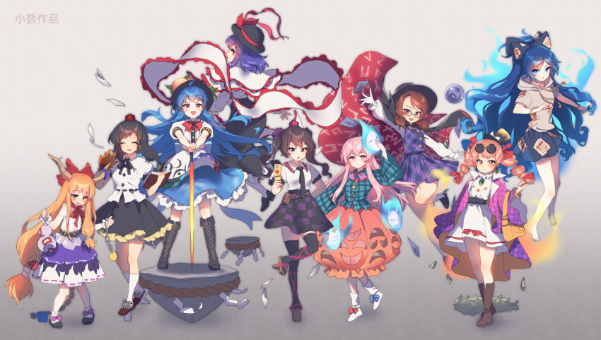 6+girls :d :o arm_behind_back barefoot black_bow black_footwear black_hair black_headwear black_neckwear black_skirt blonde_hair blue_eyes blue_hair blue_skirt blush bolo_tie book boots bow bowtie brown_eyes brown_hair bubble_skirt camera_phone capelet cellphone chain checkered_clothes checkered_skirt cloak closed_eyes clothes_writing coat commentary_request cross-laced_footwear cuffs debt drawstring dress drill_hair expressionless eyewear_on_head flip_phone floating food fox_mask frilled_skirt frills fruit geta glasses glowing gourd grey_background grey_hoodie hair_bow hajin hand_fan hat hat_bow hat_ornament hat_ribbon hata_no_kokoro high_collar himekaidou_hatate hinanawi_tenshi holding holding_book holding_fan holding_mask holding_phone holding_sword holding_weapon hood hoodie horn_ornament horn_ribbon horns ibuki_suika kaname-ishi knee_boots long_hair long_ribbon long_skirt long_sleeves looking_at_viewer looking_back low-tied_long_hair low_twintails mask medium_hair money multiple_girls nagae_iku nail_polish necktie noh_mask occult_ball oni oni_horns oni_mask open_mouth orange_eyes peach phone pink_eyes pink_hair plaid_clothes plaid_shirt plaid_skirt plaid_vest puffy_short_sleeves puffy_sleeves purple_coat purple_dress purple_hair purple_skirt red_bow red_eyes red_footwear red_headwear ribbon rock rope round_eyewear runes shackles shameimaru_aya shide shimenawa shirt short_dress short_hair short_sleeves siblings sidelocks sisters skirt skirt_set smile sunglasses sword sword_of_hisou tengu-geta tokin_hat top_hat touhou translation_request twin_drills twintails two-tone_dress two-tone_skirt unworn_mask usami_sumireko very_long_hair vest weapon white_capelet white_dress white_footwear white_ribbon white_shirt yorigami_jo&#039;on yorigami_shion zener_card