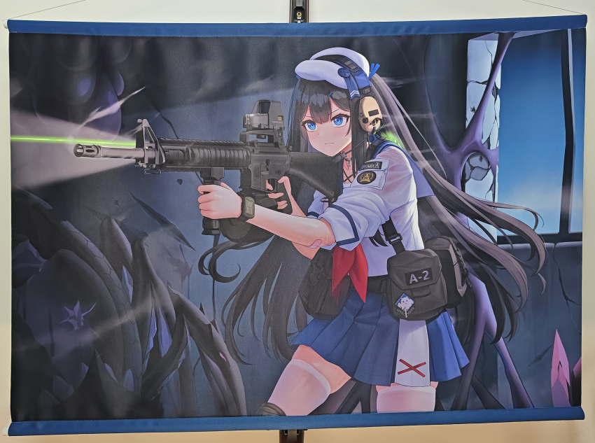 1girl aiming allenes assault_rifle beret blue_eyes blue_skirt commentary drum_magazine gun hat headset high-capacity_magazine highres hime_cut long_hair magazine_(weapon) mitsuki_aika_(allenes) original rifle school_uniform skirt solo symbol-only_commentary tactical_school_uniform thighhighs weapon white_thighhighs